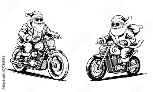 Two Santas riding motorcycles in a black and white illustration with a white background Santa Claus motorbike