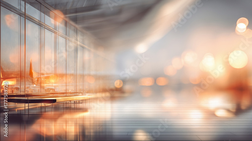 Empty open space at airport. Motion blur, warm tones, abstract defocused background. Concept image of modern business interior and travel.	