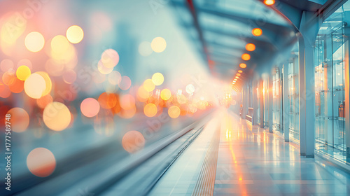 Fototapeta Naklejka Na Ścianę i Meble -  Empty open space at train station. Motion blur, warm tones, abstract defocused background. Concept image of business and travel.	