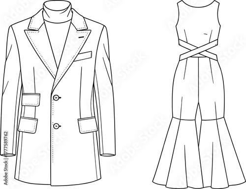 Fashion illustration, technical garment sketch, tailored coat with notched lapel, couture jumpsuit design, runway apparel drawing, clothing pattern template