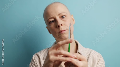 Oncology patient with bald head presenting syringe, concept of chemotherapy, hormone therapy, and cancer awareness.