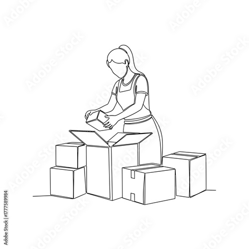 Woman packing boxes, female moving, cardboard boxes, packing process, preparation for relocation, illustrating change, new beginnings, logistics or professional moving service