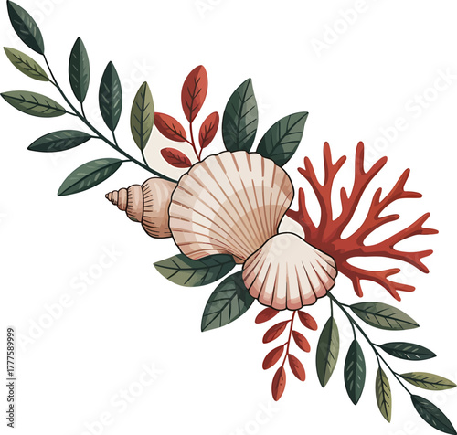 Nautical Arrangement of Seashells Coral and Leaves