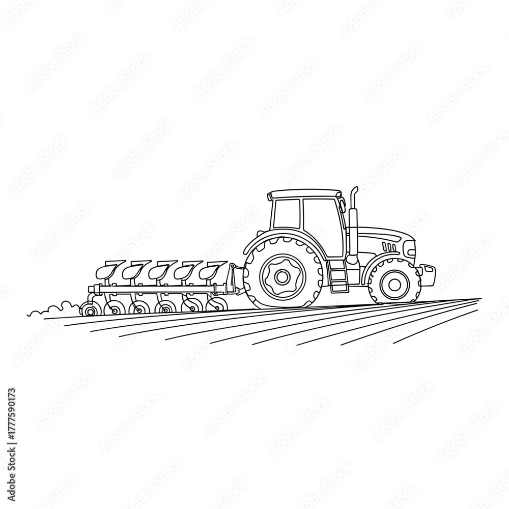 Naklejka premium Tractor plowing field, agriculture machinery, rural landscape, farmland, farming, cultivation process, soil preparation, drawing symbolizing crop production, efficiency, countryside and food industry