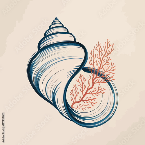 Seashell with Coral Branch Illustration 