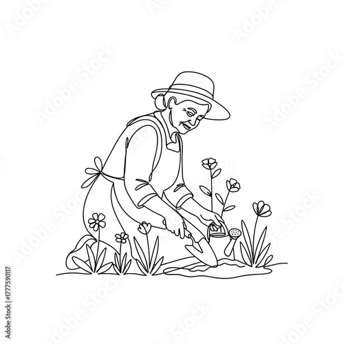 Elderly woman gardening, mature lady in hat and apron, kneeling with trowel, planting flowers in garden bed, drawing symbolizing active aging, joy of nature, wellness, relaxation, horticultural care