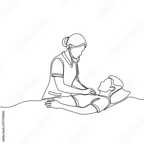 Nurse checking heartbeat, healthcare professional with stethoscope, caring for patient in hospital bed, minimal one line drawing, wellness, monitoring, medical examination, compassion, support and per