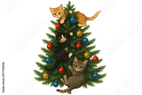 Playful cats with Christmas decorations. Christmas. New Year. Pets. Animal shelter.