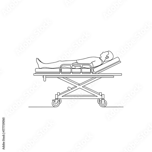 Person on gurney, hospital stretcher, patient transport, emergency, ambulance, surgery preparation, drawing illustrating healthcare, medical care, assistance, acute situation, hospital environment