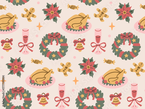 Seamless Christmas pattern in a hand-drawn doodle style. Features festive wreath, roast turkey, gingerbread man, and poinsettia on a pink background.