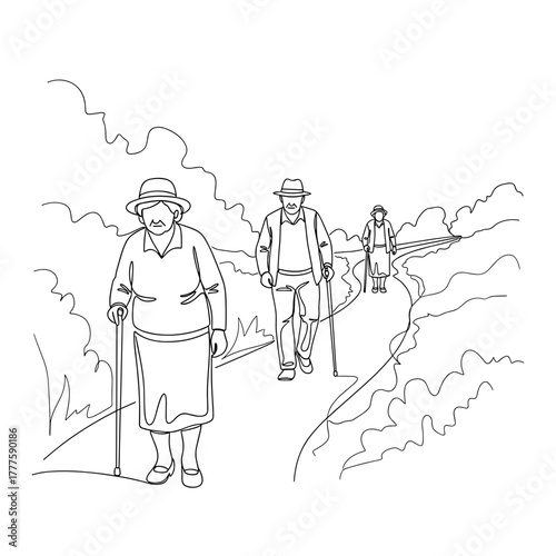 Seniors on walking trail, active aging, nature walk, hiking path, minimal one line drawing illustrating healthy lifestyle, wellness, companionship, routine fitness, relaxation and fresh air