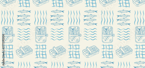 Minimalist seamless pattern with hand-drawn sardines and marine elements. Dolce Vita. Sketch. Suitable for printing, packaging, menu design, and textiles.