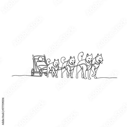 Sled dogs pulling cart, dog team, mushing, adventure, teamwork, winter transportation, northern culture, athletic dogs, minimal one line drawing, outdoor activity, Arctic, strength, travel, tradition