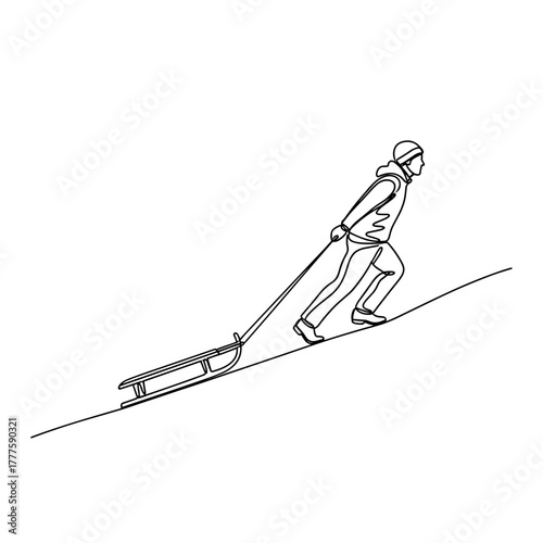 Man pulling sled uphill, winter activity, snowy landscape, determination, strength, endurance, minimal one line drawing, outdoor adventure, sports, physical challenge, cold weather and fitness