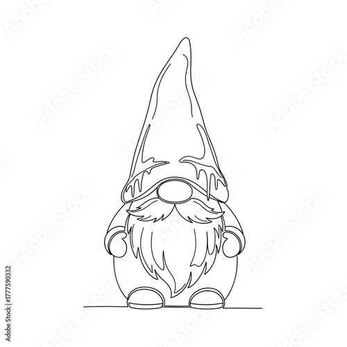 Frozen gnome statue, garden gnome, winter decor, whimsical character, frosty, cute bearded figure, pointy hat, minimal one line drawing, fantasy, holiday spirit, magic, fairytale, seasonal decoration