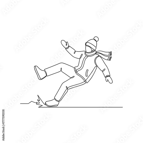 Person slipping on ice, winter accident, unexpected fall, cold weather, bundled clothing, minimal one line drawing, risk, awkward moment, seasonal challenge, outdoor hazard, safety warning