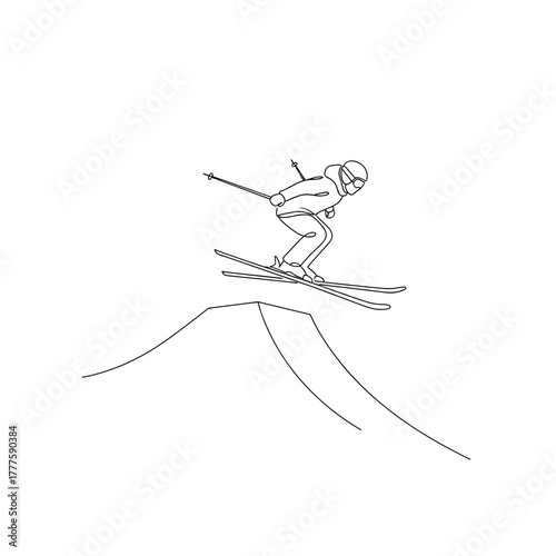 Skier jumping ramp, freestyle skiing, winter sport, athlete in mid-air, extreme action, snow mountain, speed, energy, minimal one line drawing, adventure, adrenaline, competition, thrill and motion