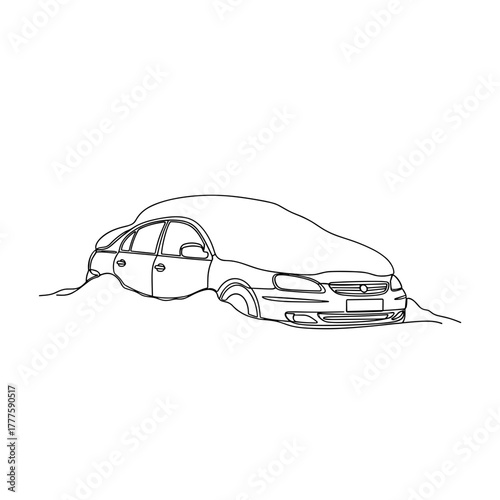 Car buried in snow, heavy snowfall, winter problem, no visibility, outdoor vehicle, snowdrift, cold weather, seasonal troubles, immobilized, minimal drawing, city winter, nature force, deep snow