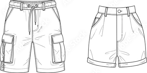 Fashion shorts illustration, cargo shorts sketch, tailored pleated shorts drawing, technical garment flat, apparel design vector, clothing fashion template
