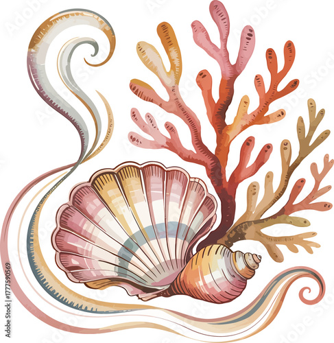Watercolor Seashell and Coral Illustration conch seaweed