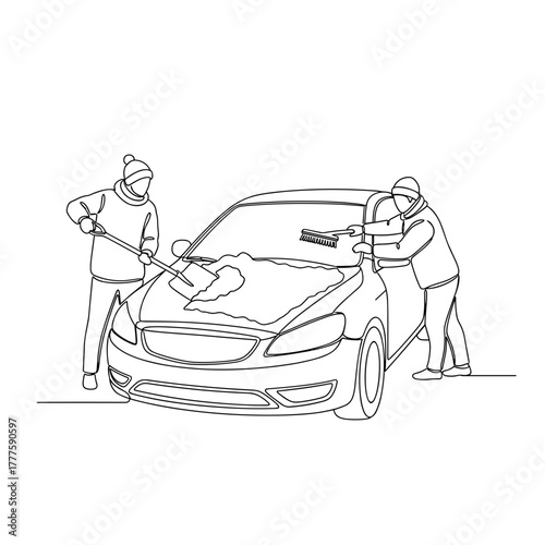 People clearing snow from car, teamwork, winter routine, two persons, snow removal, daily challenge, cold weather, parked vehicle, outdoor activity, cooperation, start of the day, maintenance