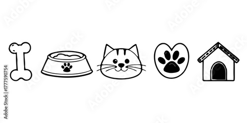 Set of  Pet Care Icons (Dog Bone, Cat Face, Food Bowl, Paw Print, Pet House) in Cute Cartoon Pastel Style — Background Remove