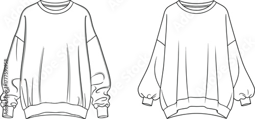 Oversized sweatshirt fashion sketch, technical garment illustration, loose fit pullover design, balloon sleeve drawing, couture apparel template, casual wear outline