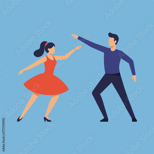 Man and woman dancing on blue background. Suitable for dance studios or events promotion materials. Entertainment, happiness, fun, celebration.