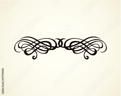 Old cute romantic book ribbon bow swirly tag swoosh element isolated on white paper card backdrop. Freehand black ink pen outline drawn curly corner sketchy in artistic rustic curlicue scrawl style