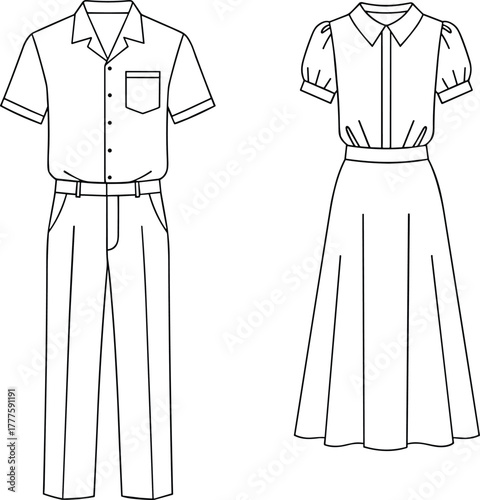 Short sleeve shirt illustration, puff sleeve blouse sketch, high waist trousers drawing, flared skirt fashion design, vintage clothing technical drawing