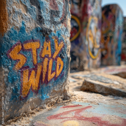 Colorful graffiti reading Stay Wild on rocks in vibrant outdoor setting creating an adventurous spirit