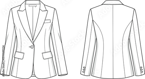 Women’s blazer fashion illustration, technical flat sketch, tailored jacket design, front and back view, apparel template, garment construction, clothing pattern, vector drawing