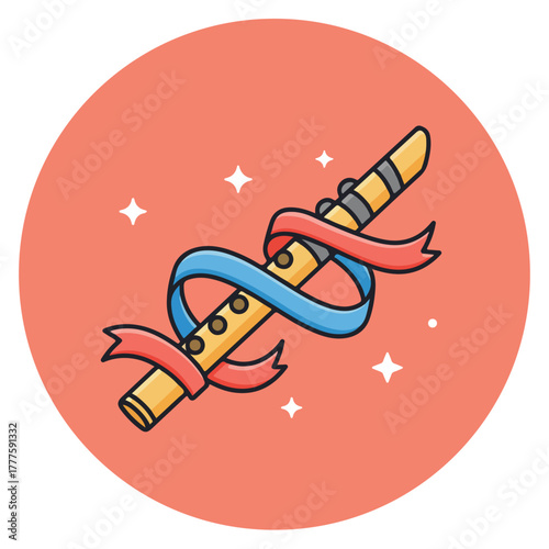 Flute with ribbons on orange background suitable for music events, concert promotions, classical music themes, and musical instrument advertising.