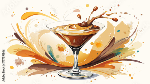 Very beautiful watercolor illustration of espresso martini coffee cocktails, capturing rich brown tones, creamy foam, and artistic splashes for a stylish and elegant beverage presentation.