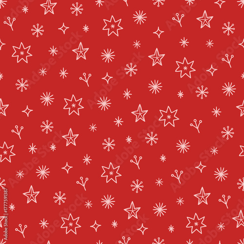 Christmas seamless pattern with berries, snowflakes and stars on red background. Perfect for wallpaper, gift paper, winter greeting cards. Vector outline hand drawn illustration