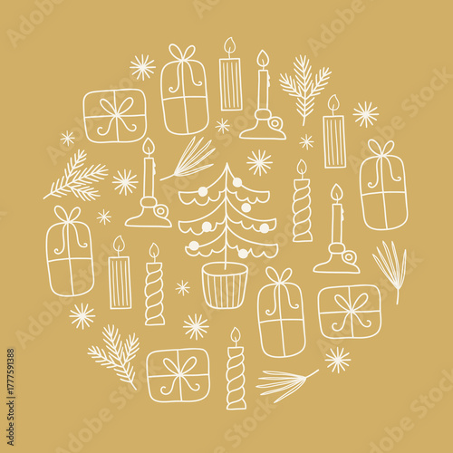 Christmas greeting card with fir tree, candles, gifts, snowflakes, fir branches on gold background. Circle ornament. Perfect for winter holidays and decorations. Vector outline illustration