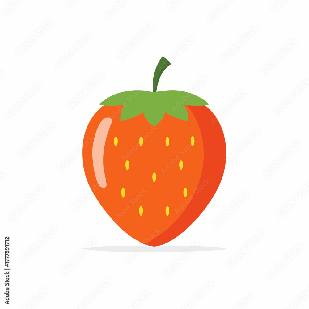 Fototapeta premium Cartoon Strawberry with Green Stem and Leaves, Isolated