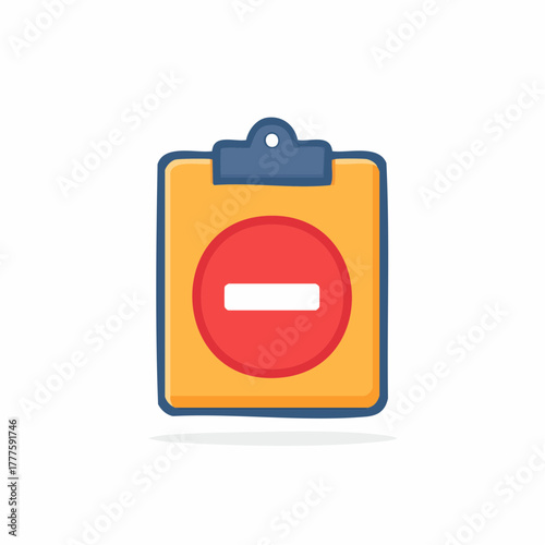 Hand drawn clipboard icon with a red minus symbol representing task rejection, removal, or denial.