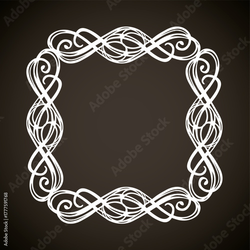 Old cute romantic book ribbon bow swirly tag swoosh element isolated on white paper card backdrop. Freehand black ink pen outline drawn curly corner sketchy in artistic rustic curlicue scrawl style