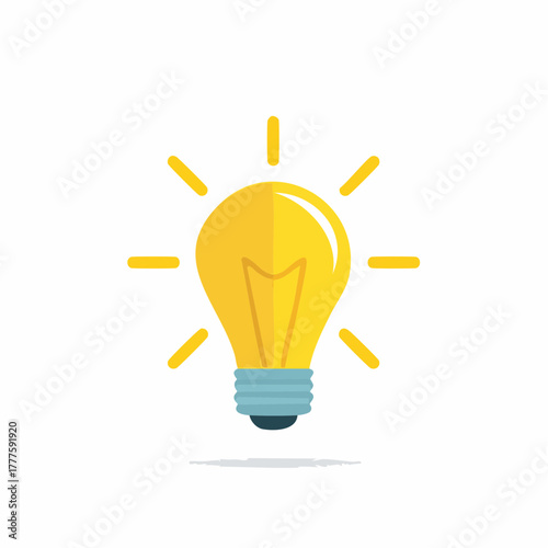 Bright yellow light bulb radiating light on a simple white background concept