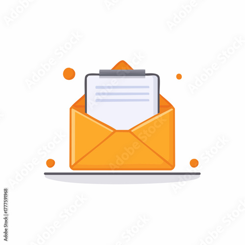 Flat design illustration of an open envelope containing a document, representing digital communication and messages