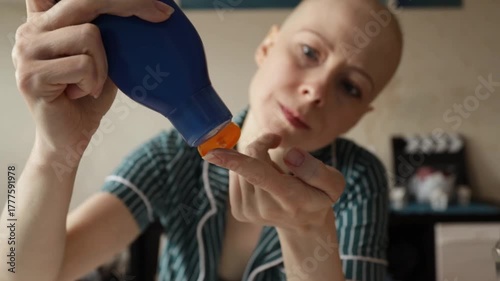 Bald woman sitting at a dressing table uses SPF lotion as part of her morning self-care, representing beauty, health, and gentle skincare during cancer recovery