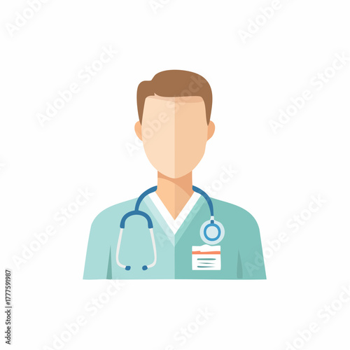 Flat design avatar illustration of a doctor wearing a stethoscope and scrubs with an ID badge