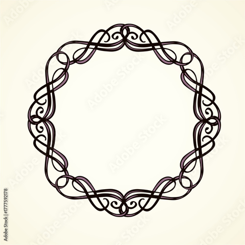 Old cute romantic book ribbon bow swirly tag swoosh element isolated on white paper card backdrop. Freehand black ink pen outline drawn curly corner sketchy in artistic rustic curlicue scrawl style