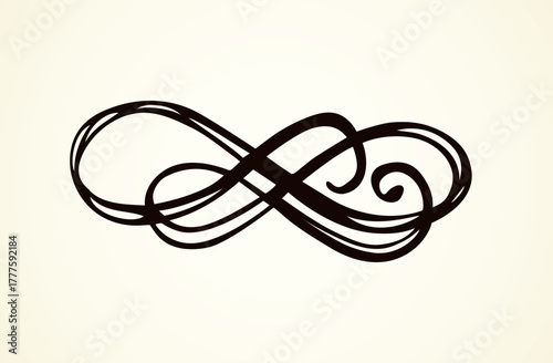 Old cute romantic book ribbon bow swirly tag swoosh element isolated on white paper card backdrop. Freehand black ink pen outline drawn curly corner sketchy in artistic rustic curlicue scrawl style