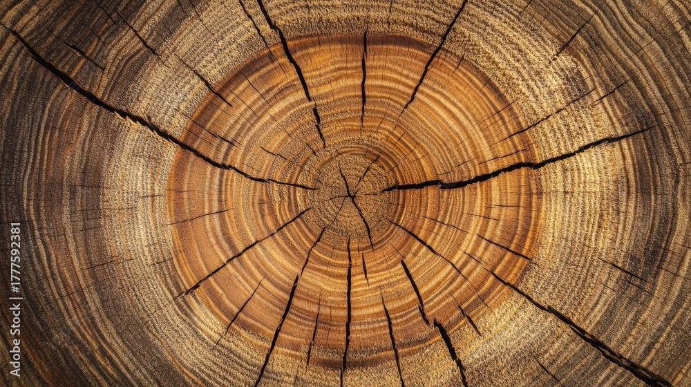 Fototapeta premium A close-up view of a tree stump, showcasing its intricate growth rings and cracks, highlighting the natural texture and age of the wood.