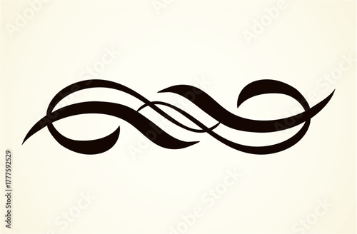 Old cute romantic book ribbon bow swirly tag swoosh element isolated on white paper card backdrop. Freehand black ink pen outline drawn curly corner sketchy in artistic rustic curlicue scrawl style