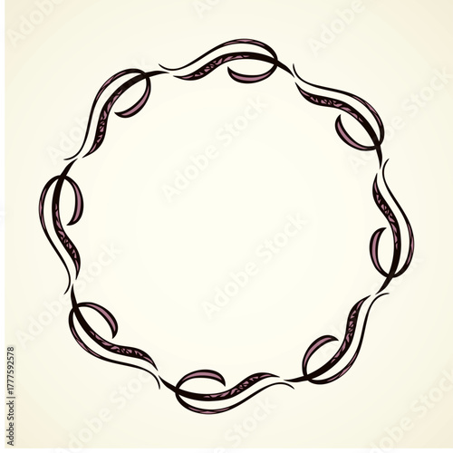 Old cute romantic book ribbon bow swirly tag swoosh element isolated on white paper card backdrop. Freehand black ink pen outline drawn curly corner sketchy in artistic rustic curlicue scrawl style