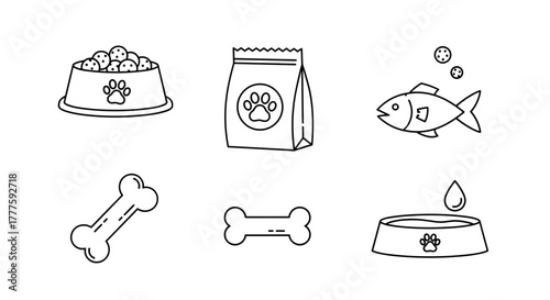 Pet food items including bowls, bones, and fish in simple line art  