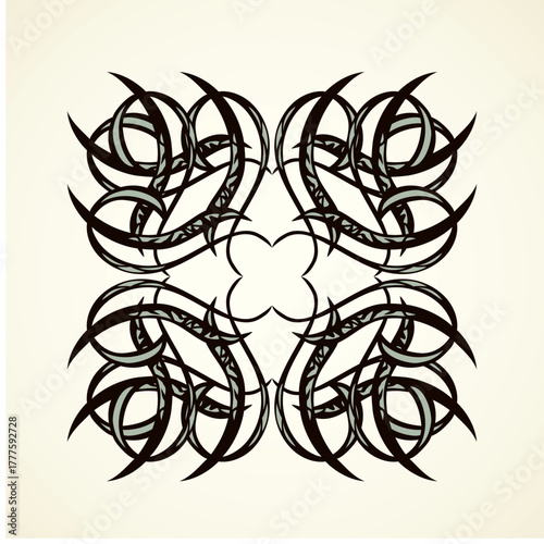 Old cute romantic book ribbon bow swirly tag swoosh element isolated on white paper card backdrop. Freehand black ink pen outline drawn curly corner sketchy in artistic rustic curlicue scrawl style